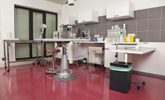 Modern clinical lab with a stainless steel table, equipment, white cabinets, and a black trash can on a red floor.