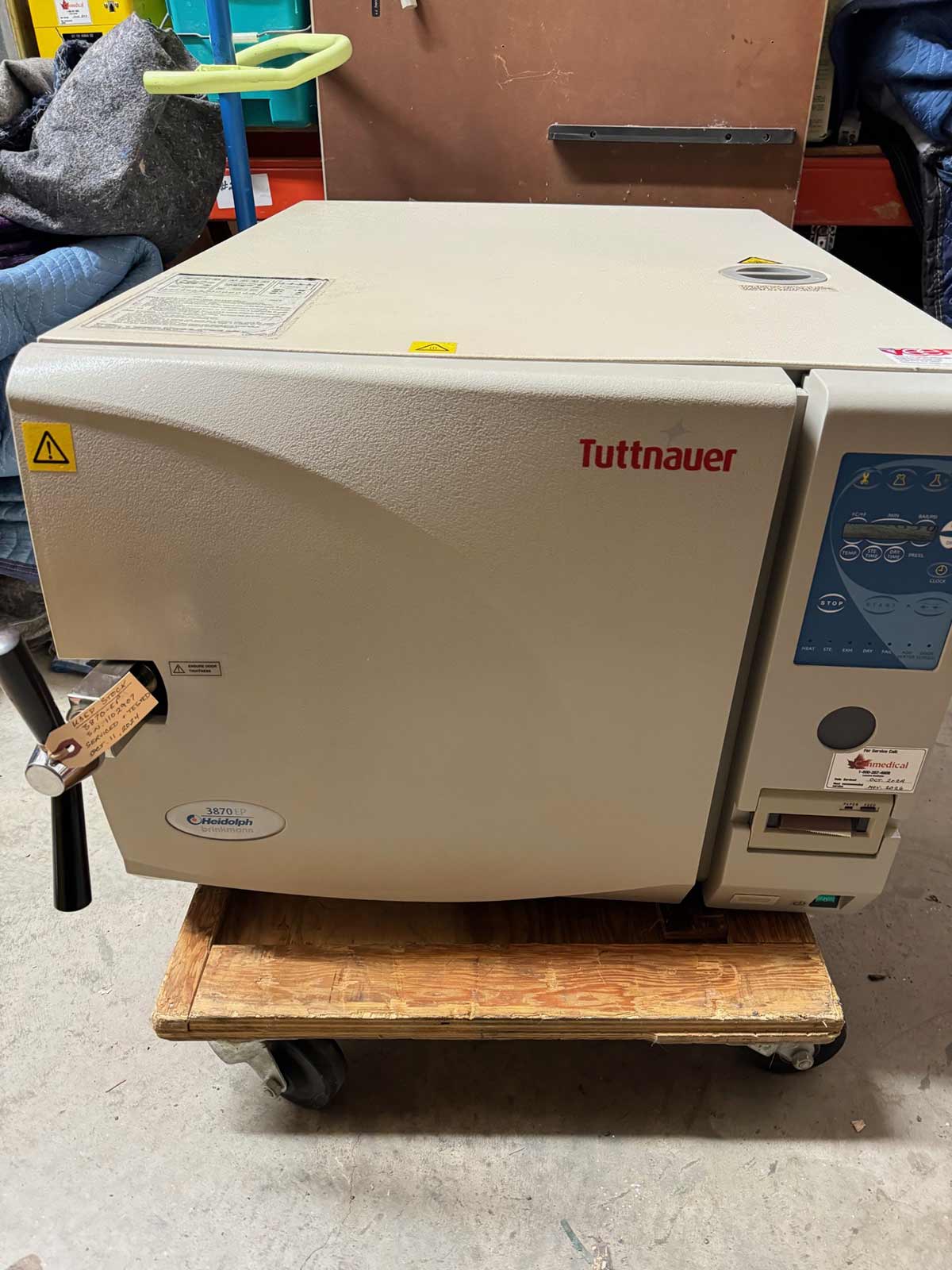 Tuttnauer 3870EP: Fully Automatic Autoclave with Built-in Printer. Shown on skid.