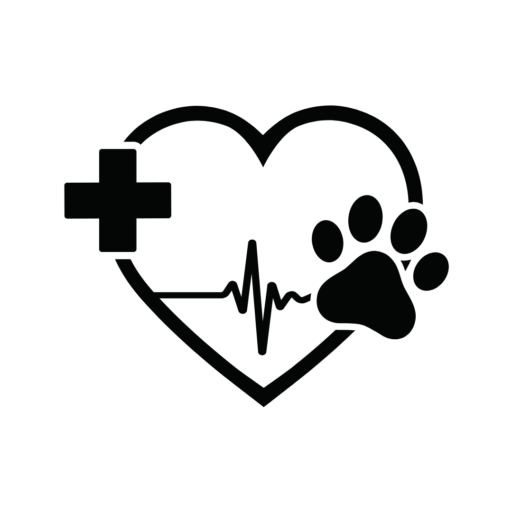 Heart-shaped icon with a medical cross and paw print, symbolizing pet health care and veterinary services, with a heartbeat line
