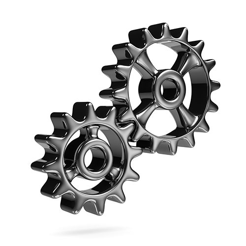Two interlocking metallic gears, symbolizing machinery or mechanical engineering.