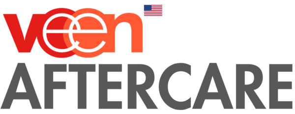 Logo for 'veen AFTERCARE' with red stylized 'veen' and gray 'AFTERCARE' text, small US flag above