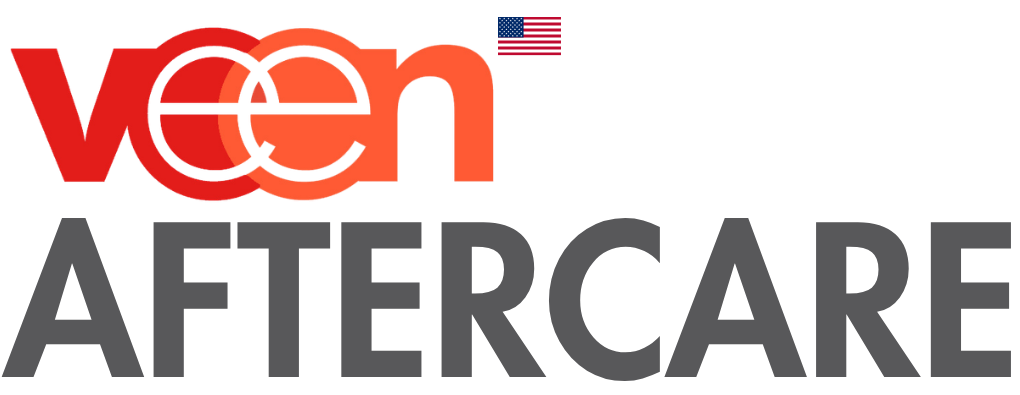 Logo for 'veen AFTERCARE' with red stylized 'veen' and gray 'AFTERCARE' text, small US flag above