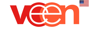 Veen logo in red and orange with a circular overlap between letters; small US flag in the top-right corner.