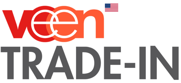 Brand logo for a trade-in program: red wordmark with overlapping circle design above bold gray 'TRADE-IN' text and a small US flag in the corner.